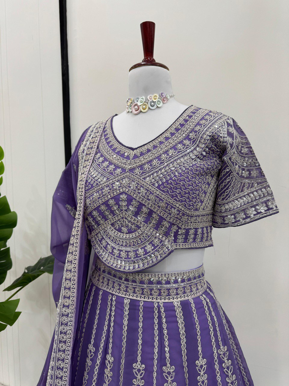 Purple Fox Georgette Semi-Stitched Lehenga Set with Coding Dori & Sequin Work ClothsVilla