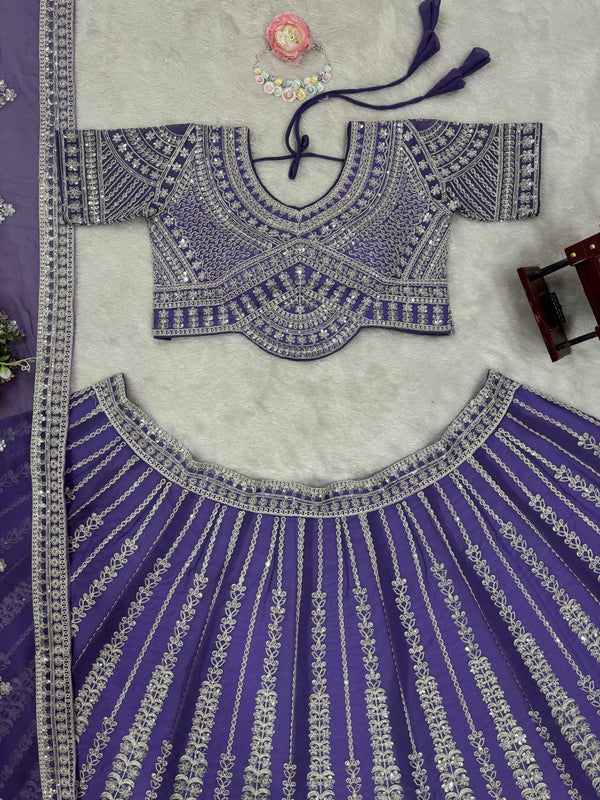 Purple Fox Georgette Semi-Stitched Lehenga Set with Coding Dori & Sequin Work ClothsVilla