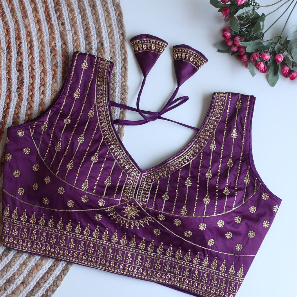 Purple Full Embroidery Monsoon Silk Blouse with Golden Sequin Design ClothsVilla