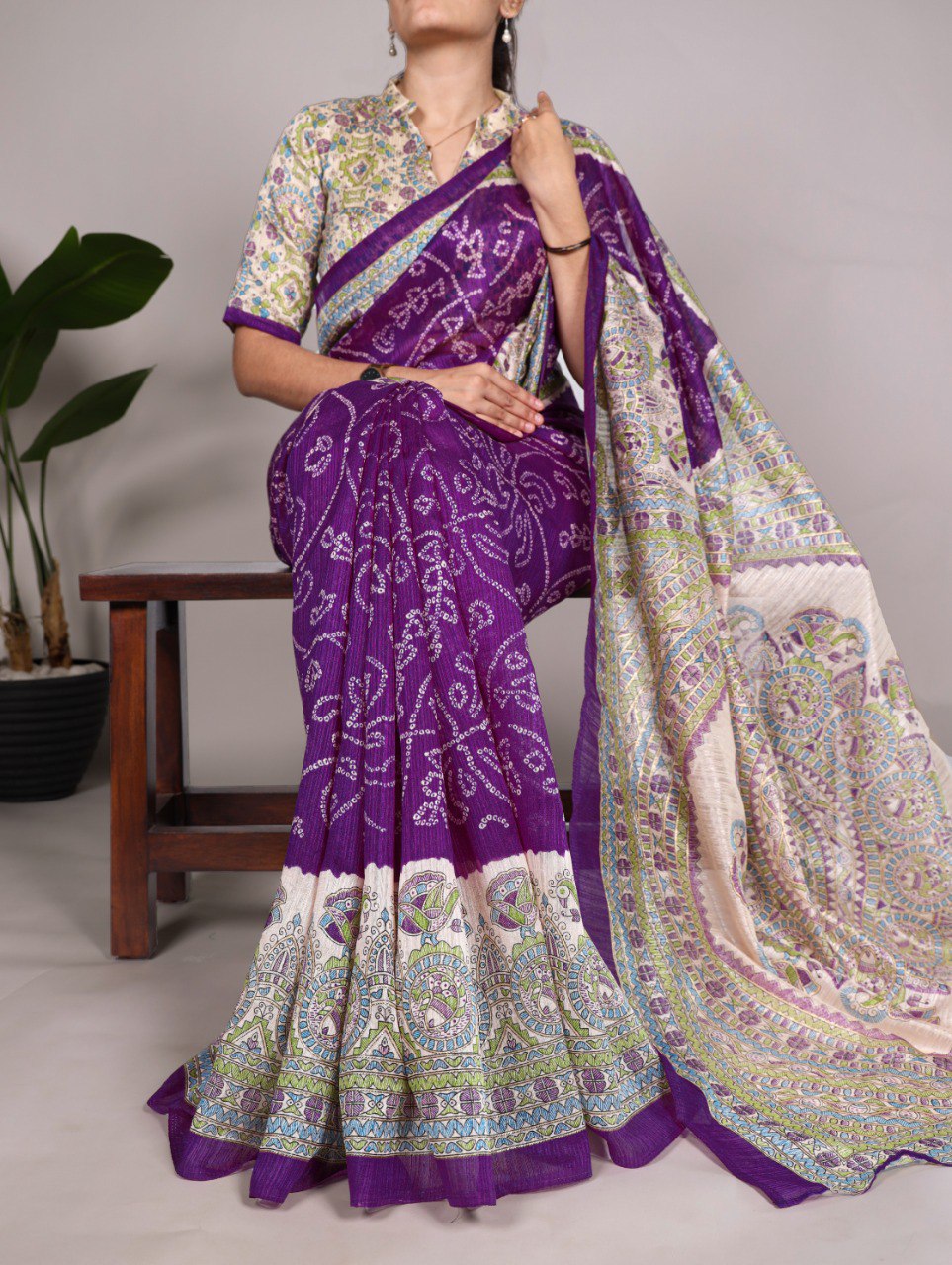 Purple Fusion of Madhubani and Bandhej Green Silk Saree with Unstitched Blouse