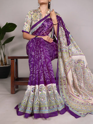Purple Fusion of Madhubani and Bandhej Green Silk Saree with Unstitched Blouse