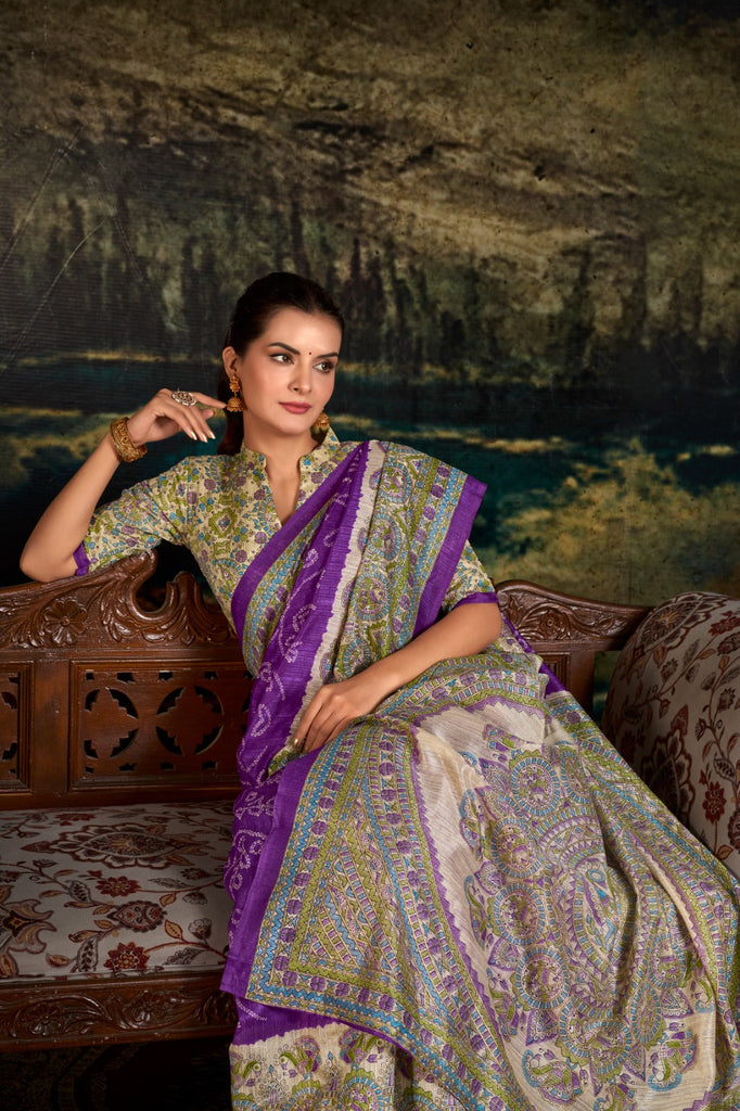 Purple Fusion of Madhubani and Bandhej Green Silk Saree with Unstitched Blouse ClothsVilla