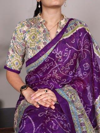 Purple Fusion of Madhubani and Bandhej Green Silk Saree with Unstitched Blouse