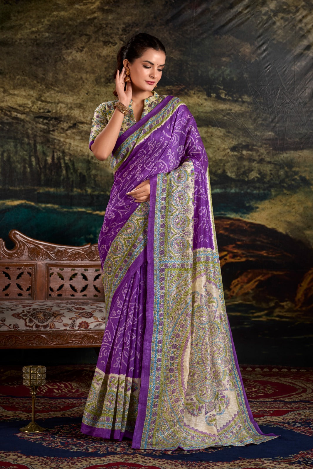 Purple Fusion of Madhubani and Bandhej Green Silk Saree with Unstitched Blouse ClothsVilla