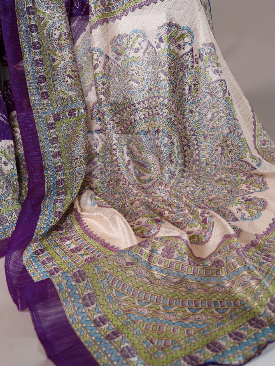 Purple Fusion of Madhubani and Bandhej Green Silk Saree with Unstitched Blouse