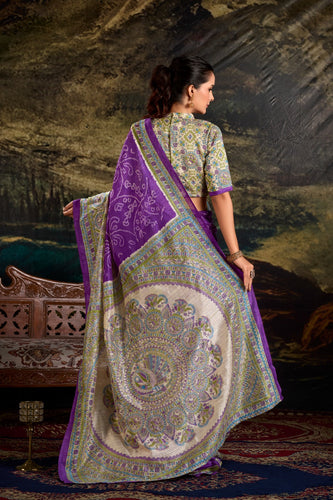 Purple Fusion of Madhubani and Bandhej Green Silk Saree with Unstitched Blouse ClothsVilla