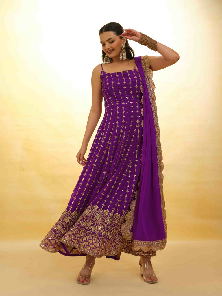 Purple Georgette Dress with Embroidery & Sequins – Ready to Wear ClothsVilla