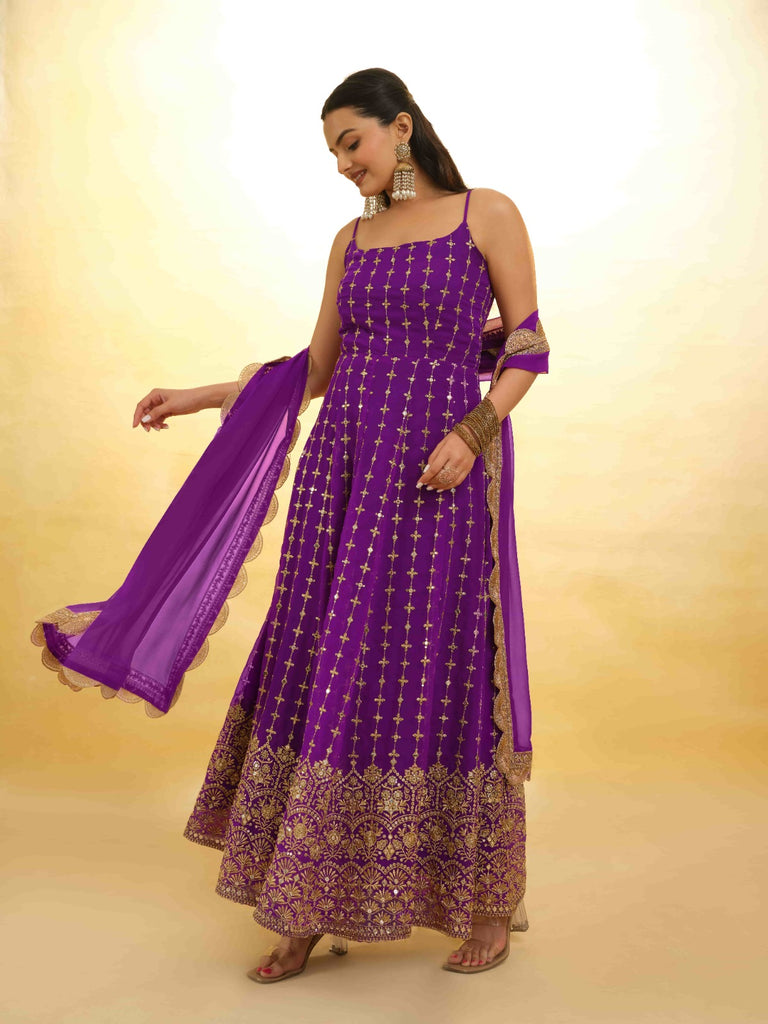 Purple Georgette Dress with Embroidery & Sequins – Ready to Wear ClothsVilla