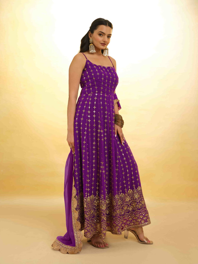 Purple Georgette Dress with Embroidery & Sequins – Ready to Wear ClothsVilla