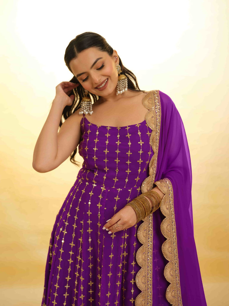 Purple Georgette Dress with Embroidery & Sequins – Ready to Wear ClothsVilla