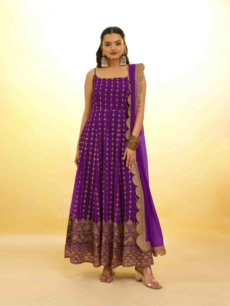 Purple Georgette Dress with Embroidery & Sequins – Ready to Wear ClothsVilla