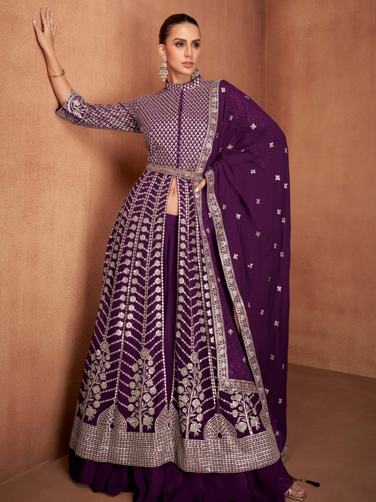 Purple Georgette Embroidered Lehenga Set ClothsVilla