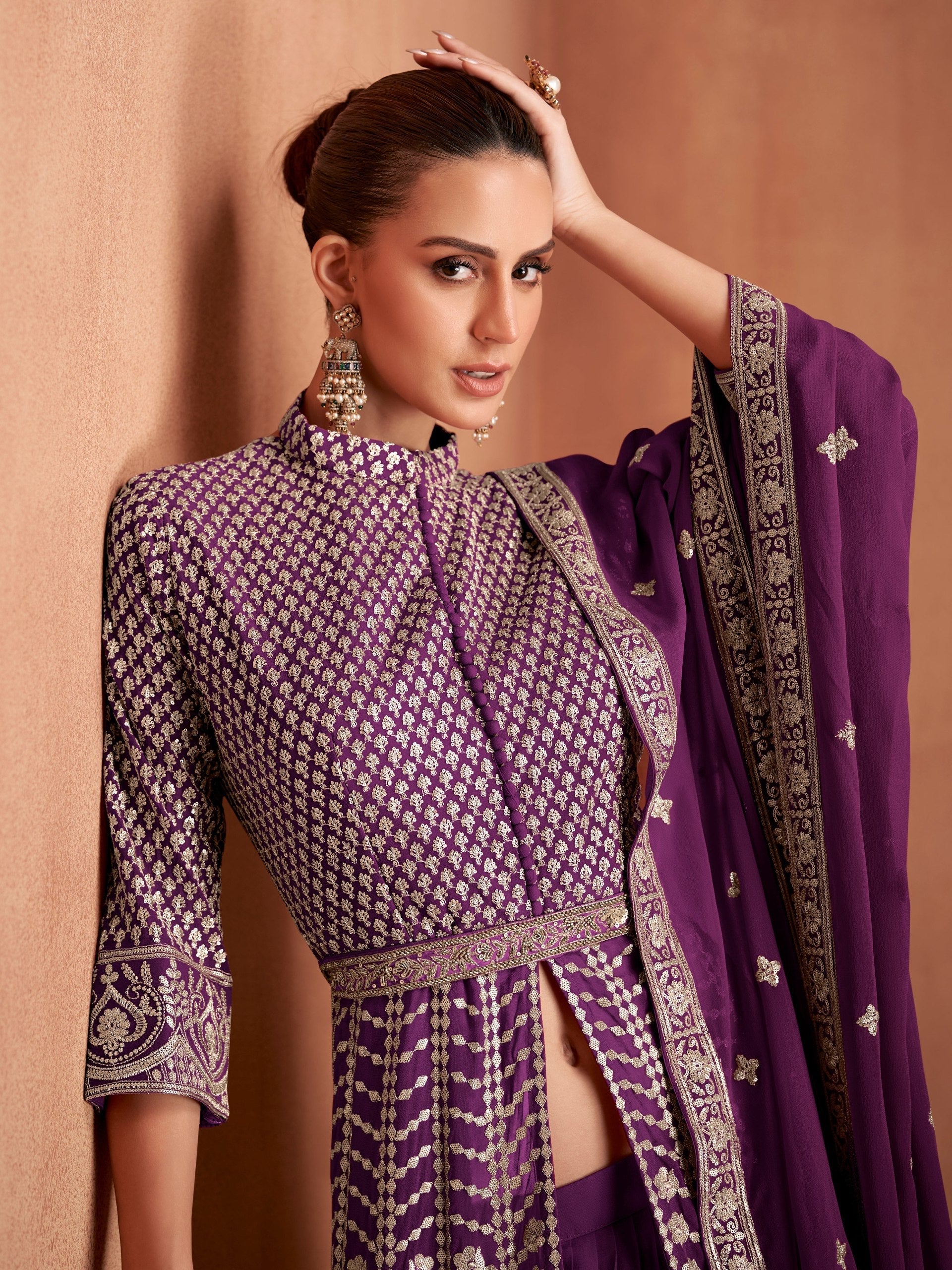 Purple Georgette Embroidered Lehenga Set Secondary image