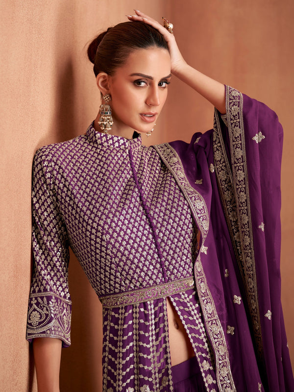Purple Georgette Embroidered Lehenga Set ClothsVilla