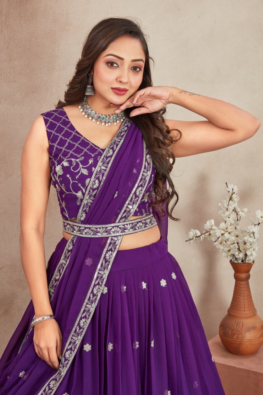 Purple Georgette Embroidered Lehenga ClothsVilla