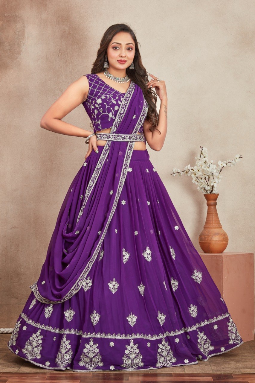 Purple Georgette Embroidered Lehenga ClothsVilla