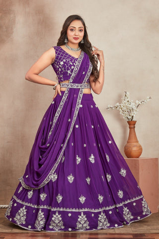 Purple Georgette Embroidered Lehenga ClothsVilla