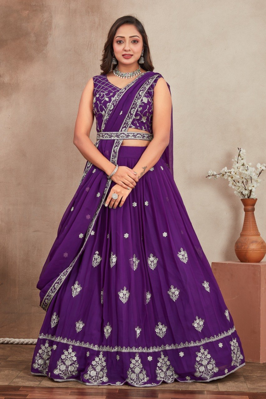 Purple Georgette Embroidered Lehenga ClothsVilla