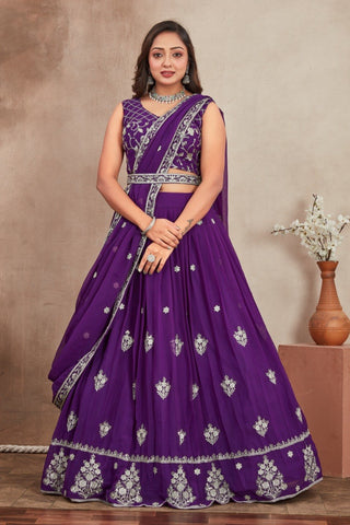 Purple Georgette Embroidered Lehenga ClothsVilla