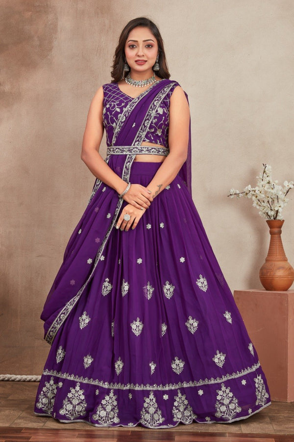 Purple Georgette Embroidered Lehenga ClothsVilla
