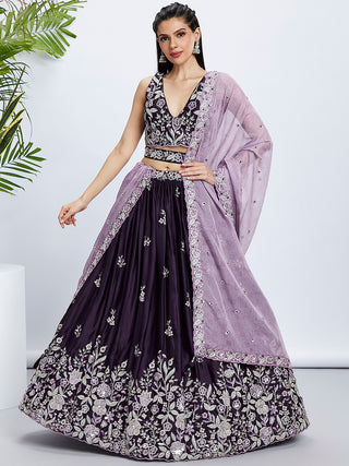 Purple Georgette Lehenga Choli Set with Sequins & Thread Embroidery ClothsVilla