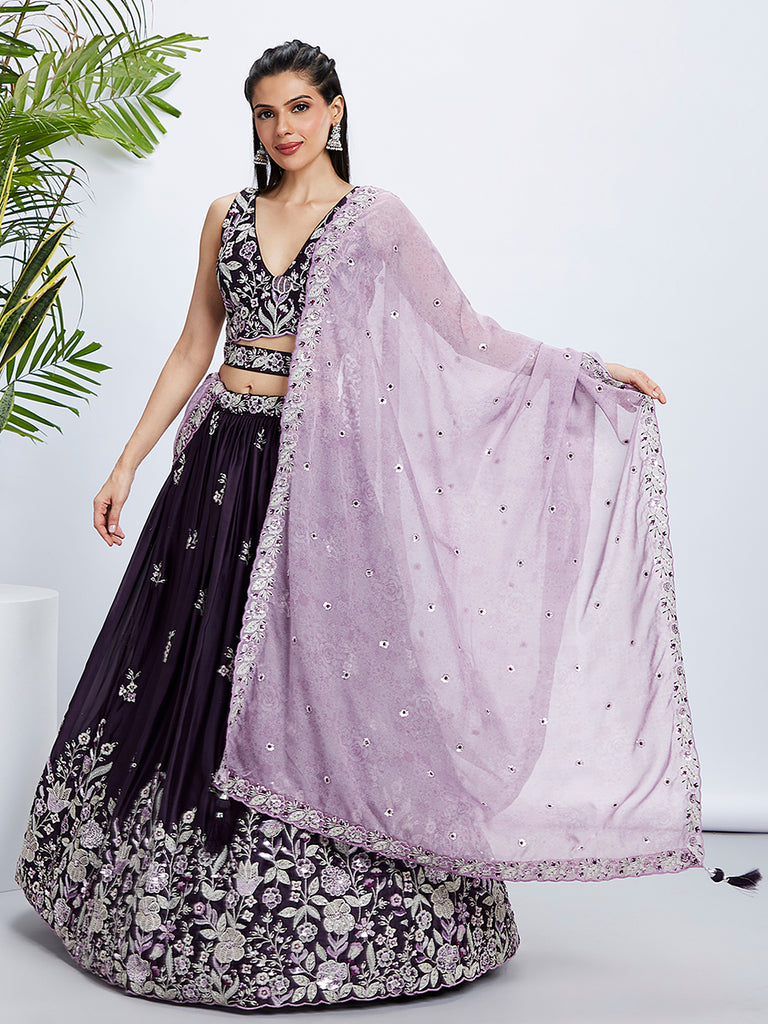 Purple Georgette Lehenga Choli Set with Sequins & Thread Embroidery ClothsVilla
