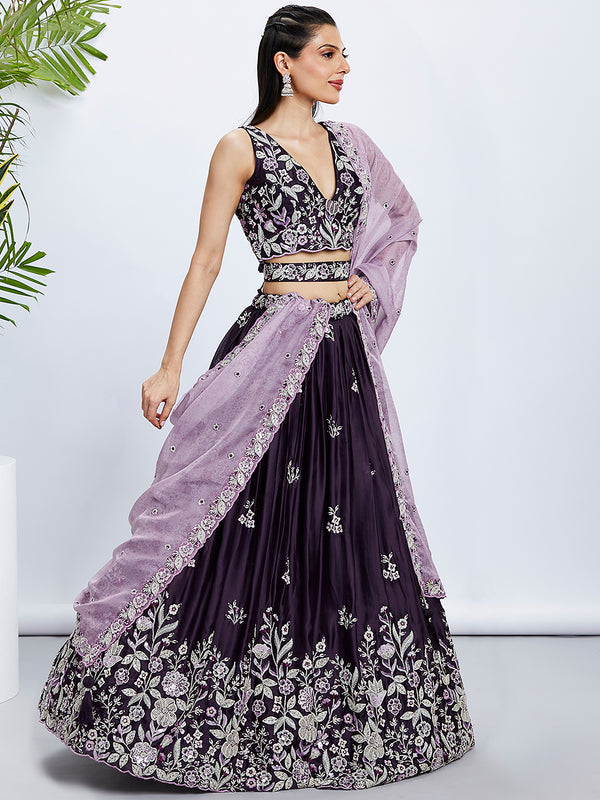 Purple Georgette Lehenga Choli Set with Sequins & Thread Embroidery ClothsVilla