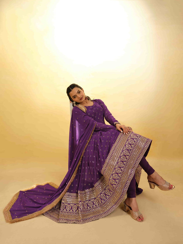 Purple Georgette Suit with Embroidery and Shantoon Bottom ClothsVilla