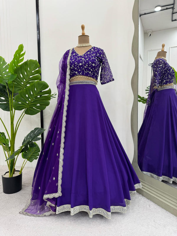 Purple Glamorous Faux Georgette Semi-Stitched Lehenga Choli with Butterfly Net Dupatta ClothsVilla