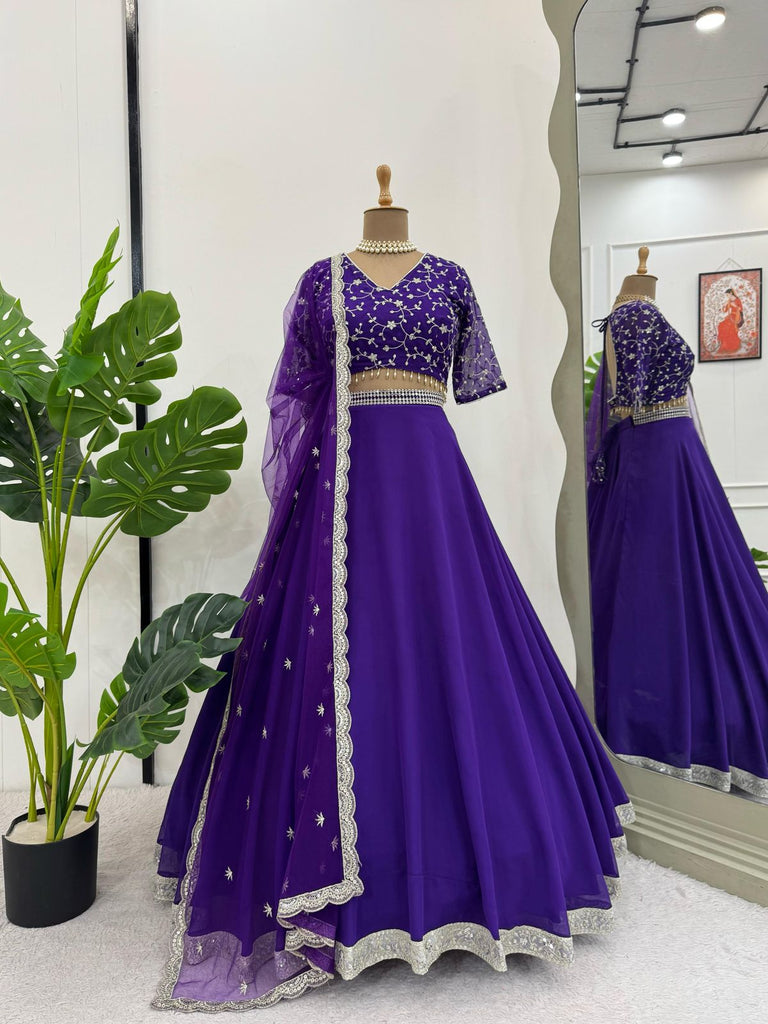 Purple Glamorous Faux Georgette Semi-Stitched Lehenga Choli with Butterfly Net Dupatta ClothsVilla