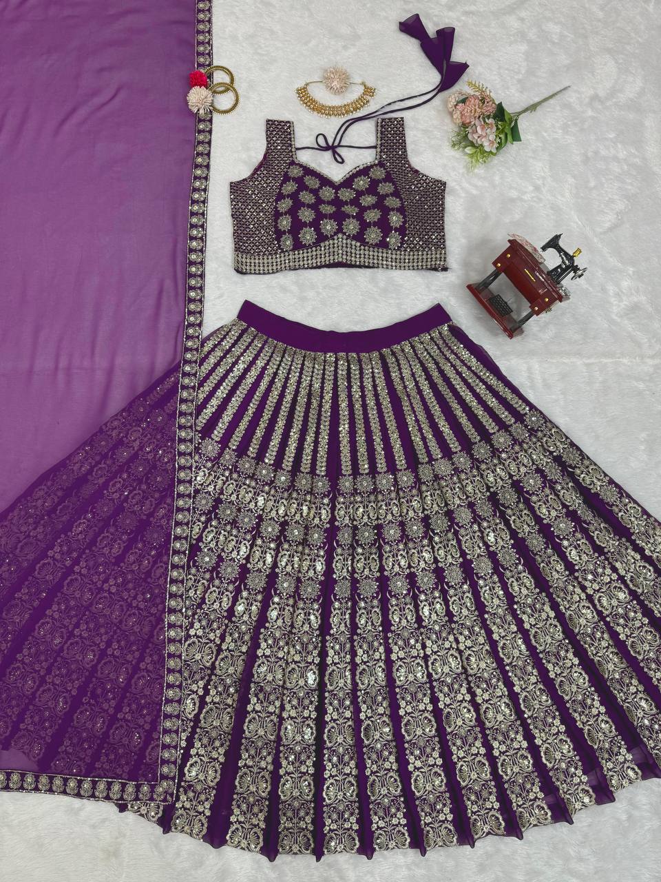 Purple Glamorous Sequin Embellished Faux Georgette Lehenga Choli Set with Dupatta ClothsVilla