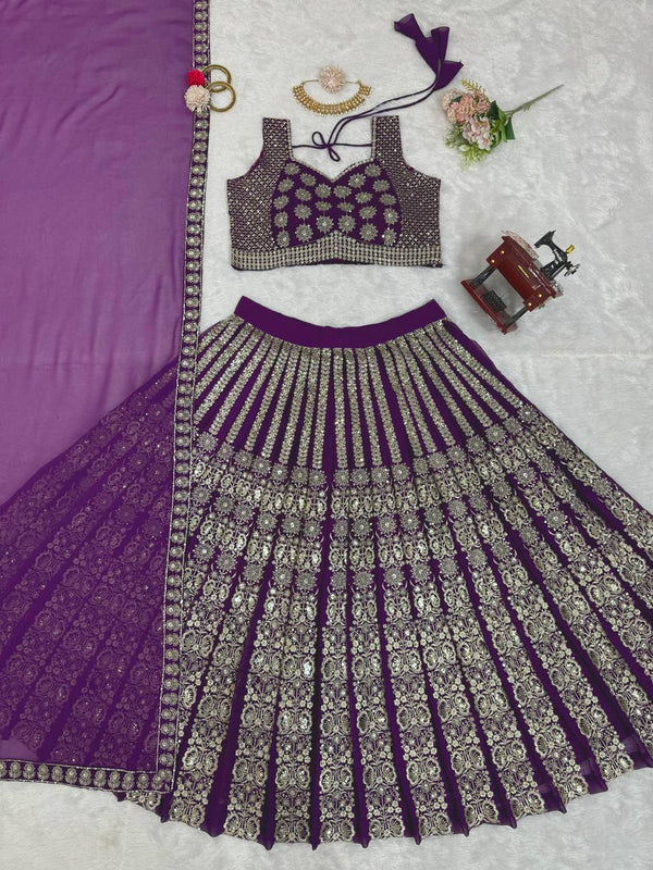 Purple Glamorous Sequin Embellished Faux Georgette Lehenga Choli Set with Dupatta ClothsVilla