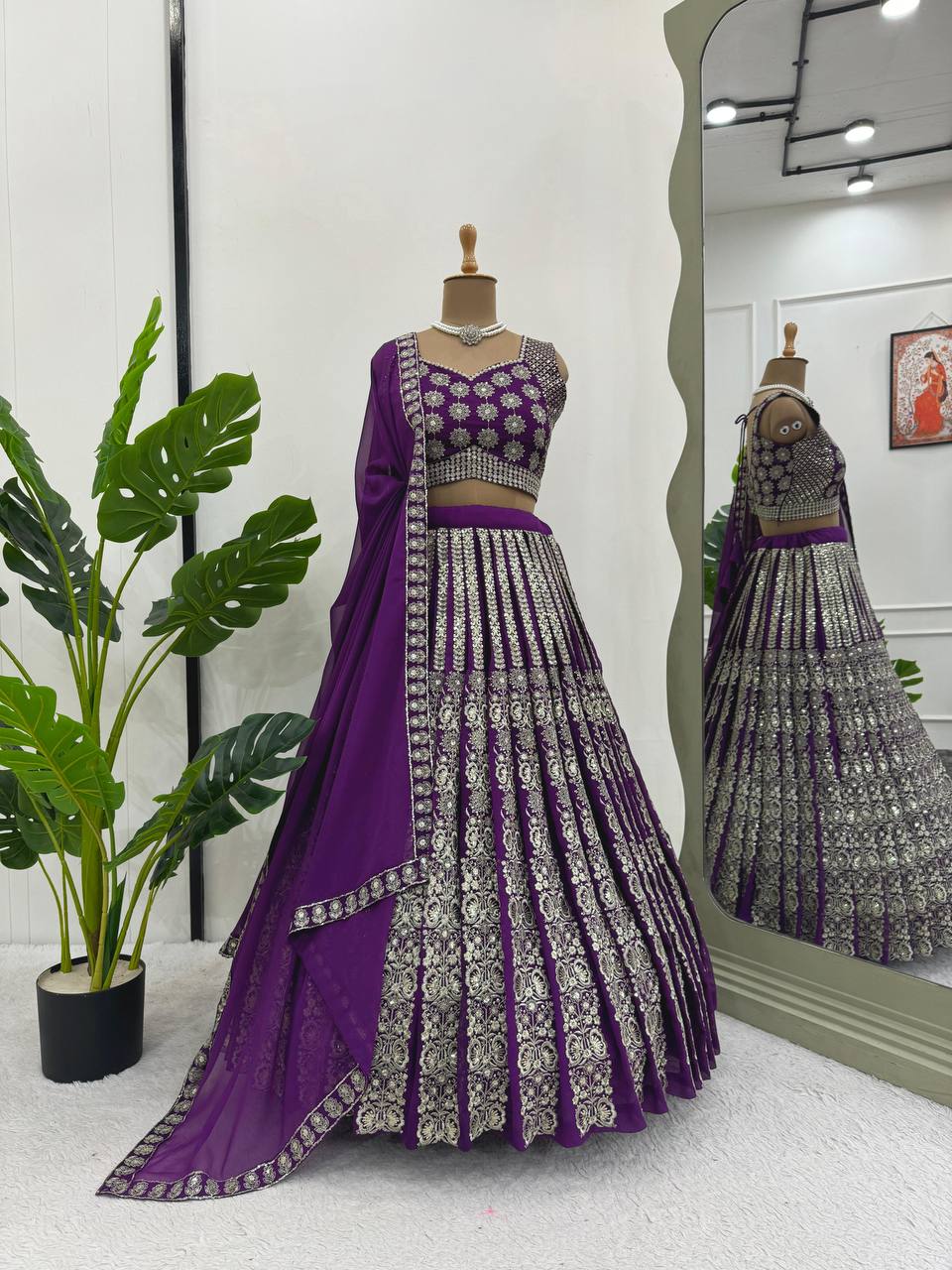 Purple Glamorous Sequin Embellished Faux Georgette Lehenga Choli Set with Dupatta ClothsVilla Main image