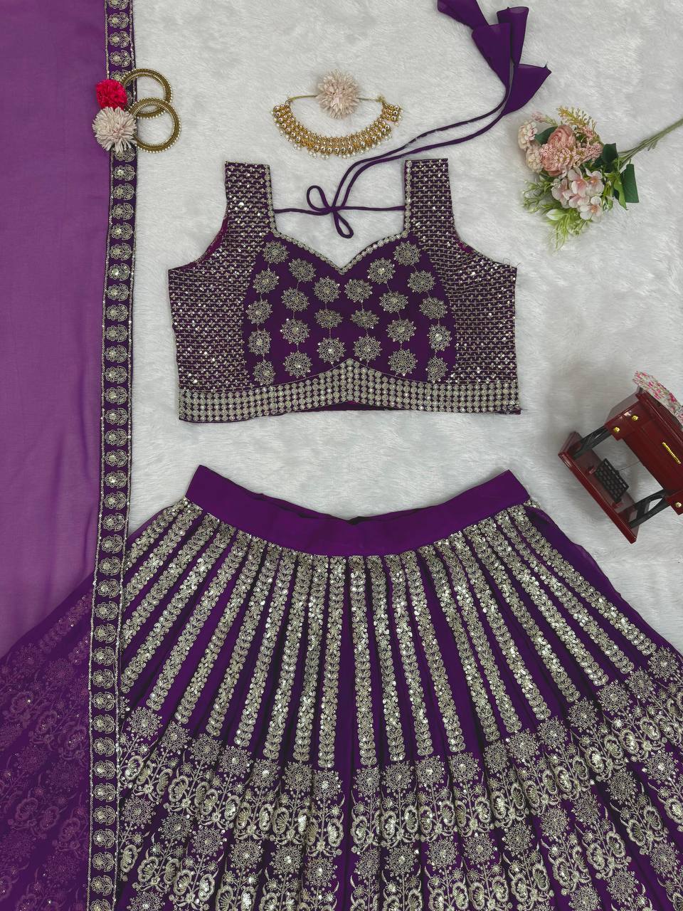 Purple Glamorous Sequin Embellished Faux Georgette Lehenga Choli Set with Dupatta ClothsVilla