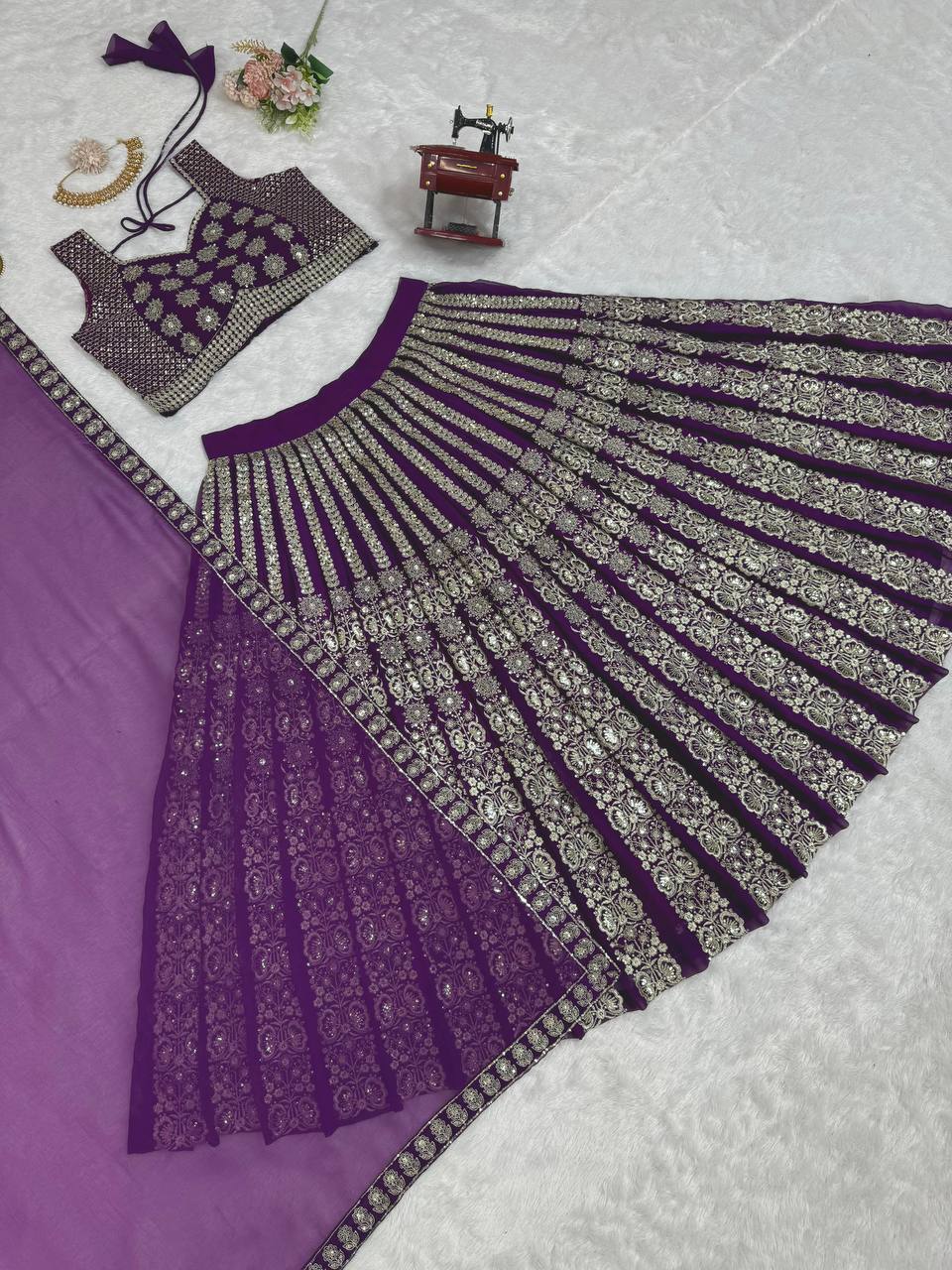 Purple Glamorous Sequin Embellished Faux Georgette Lehenga Choli Set with Dupatta ClothsVilla