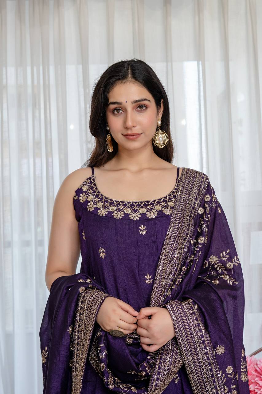 Purple Glamorous Silk Gown Set ClothsVilla