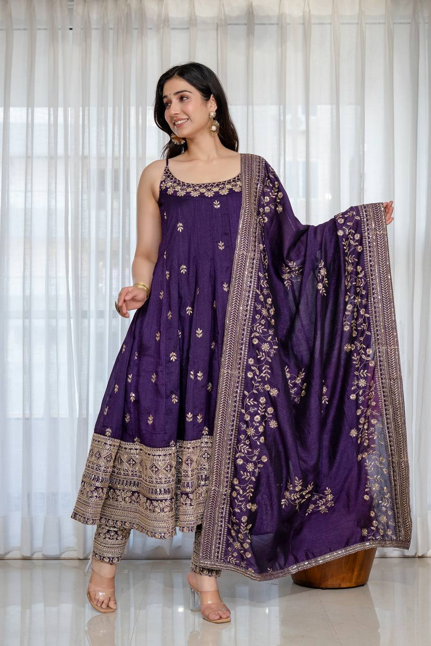 Purple Glamorous Silk Gown Set ClothsVilla