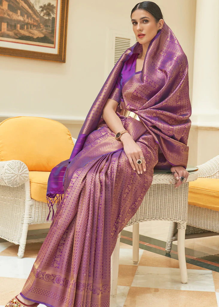 Purple Glossy Handloom Binny Silk Saree with Zari Weaving ClothsVilla