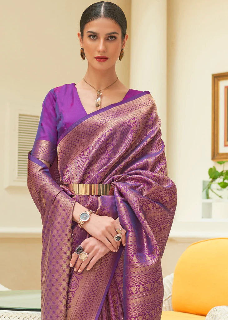 Purple Glossy Handloom Binny Silk Saree with Zari Weaving ClothsVilla