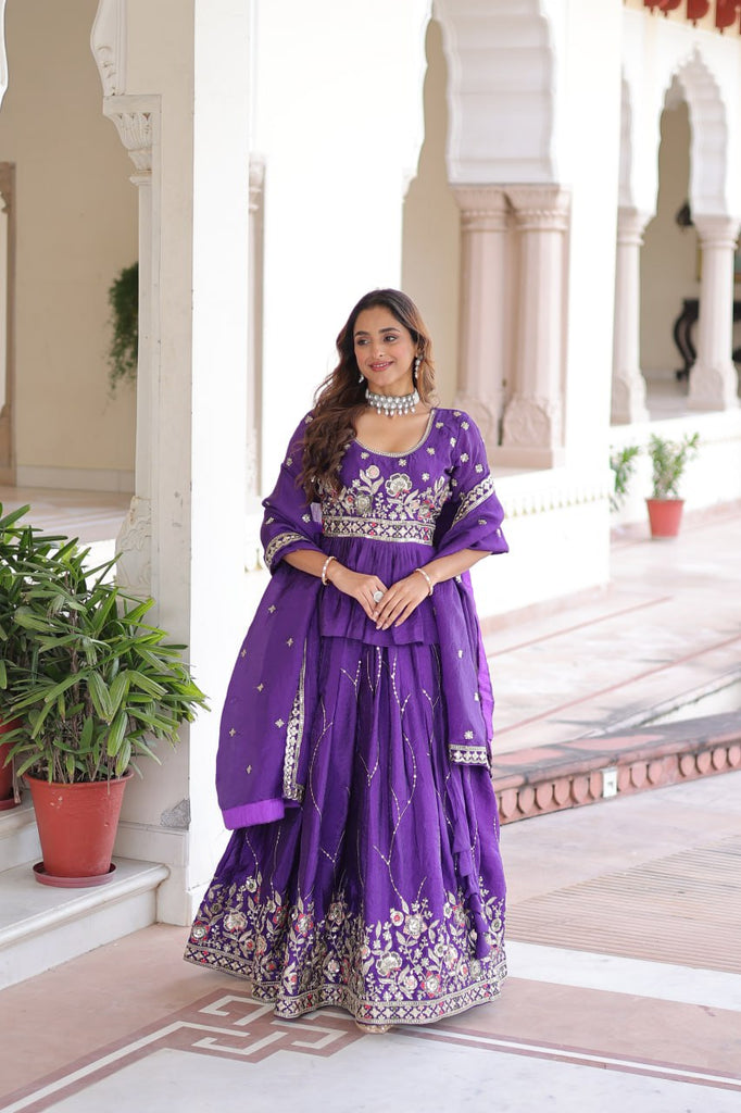 Purple Gold Crush Multi-Thread Embroidered Lehenga Choli Set with Sequins Work & Designer Dupatta – Fully Stitched ClothsVilla