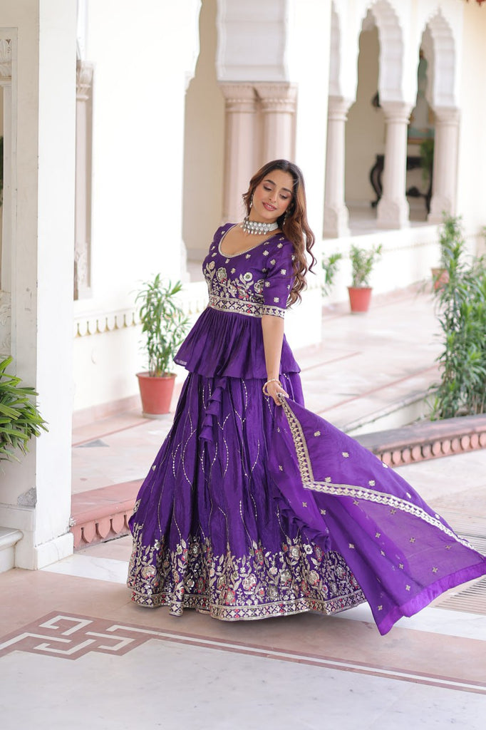 Purple Gold Crush Multi-Thread Embroidered Lehenga Choli Set with Sequins Work & Designer Dupatta – Fully Stitched ClothsVilla
