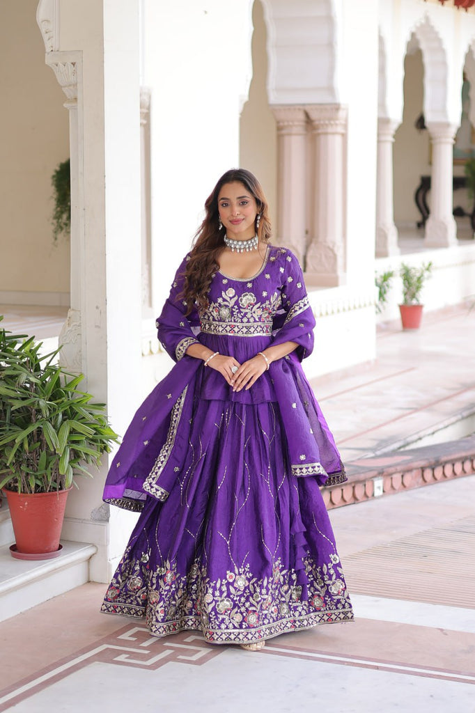 Purple Gold Crush Multi-Thread Embroidered Lehenga Choli Set with Sequins Work & Designer Dupatta – Fully Stitched ClothsVilla