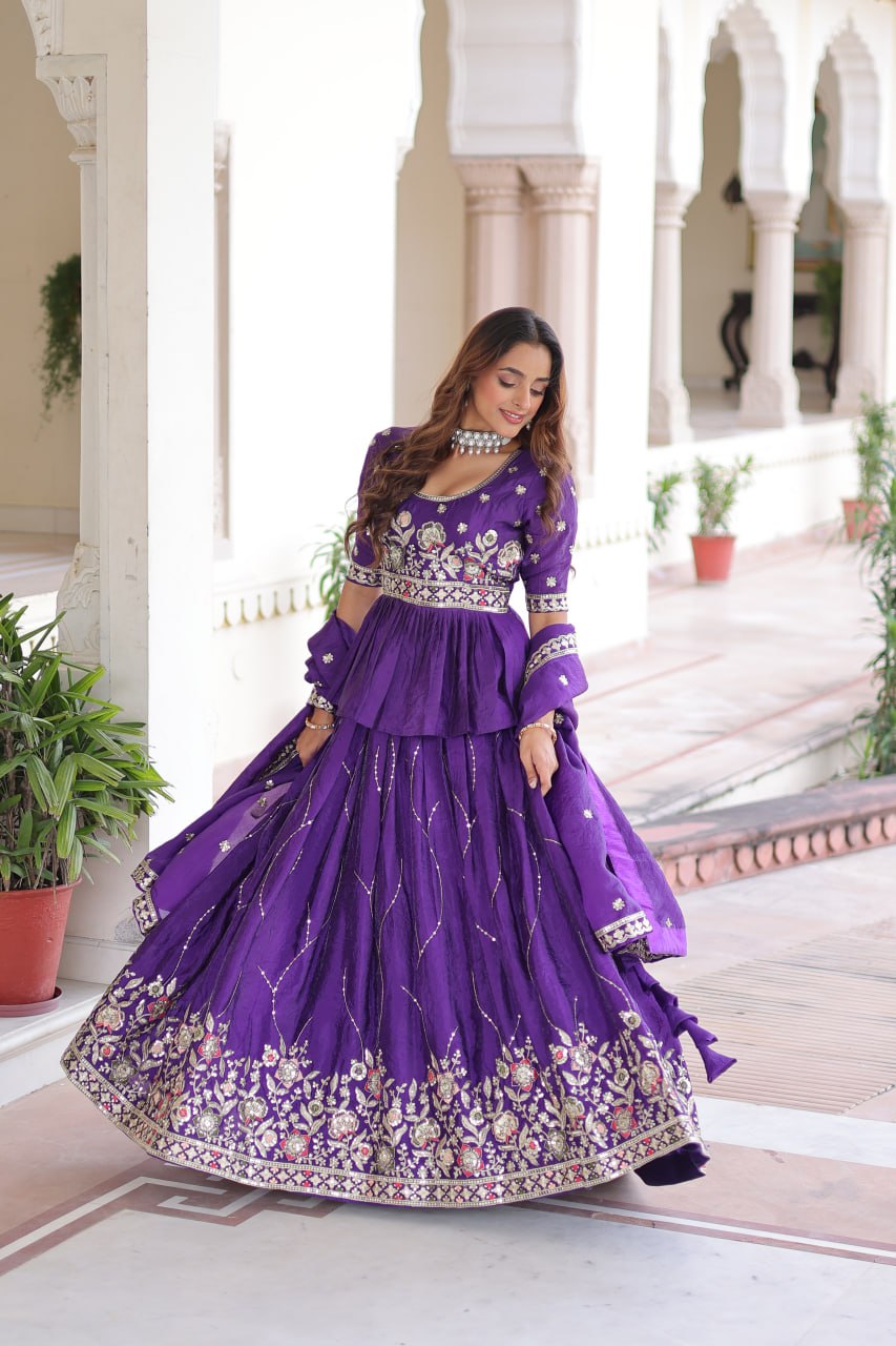Purple Gold Crush Multi-Thread Embroidered Lehenga Choli Set with Sequins Work & Designer Dupatta – Fully Stitched ClothsVilla