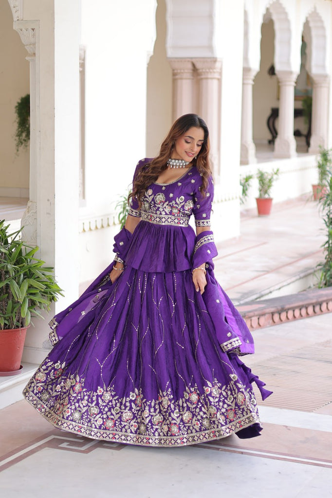 Purple Gold Crush Multi-Thread Embroidered Lehenga Choli Set with Sequins Work & Designer Dupatta – Fully Stitched ClothsVilla