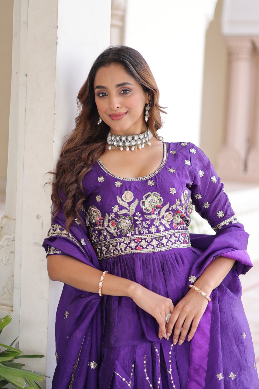 Purple Gold Crush Multi-Thread Embroidered Lehenga Choli Set with Sequins Work & Designer Dupatta – Fully Stitched ClothsVilla