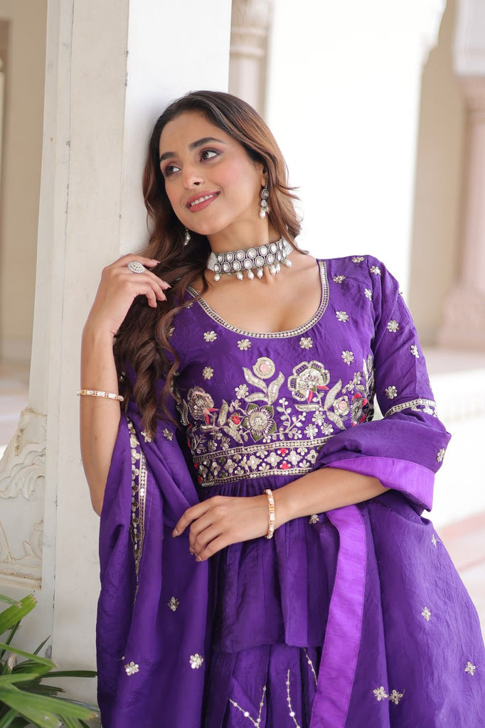 Purple Gold Crush Multi-Thread Embroidered Lehenga Choli Set Purple Gold Crush Multi-Thread Embroidered Lehenga Choli Set
