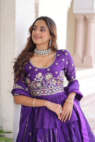 Purple Gold Crush Multi-Thread Embroidered Lehenga Choli Set with Sequins Work & Designer Dupatta – Fully Stitched ClothsVilla