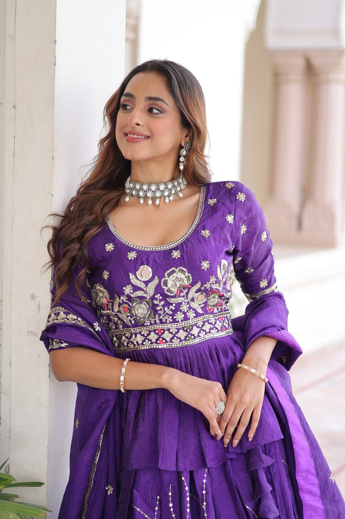 Purple Gold Crush Multi-Thread Embroidered Lehenga Choli Set with Sequins Work & Designer Dupatta – Fully Stitched ClothsVilla
