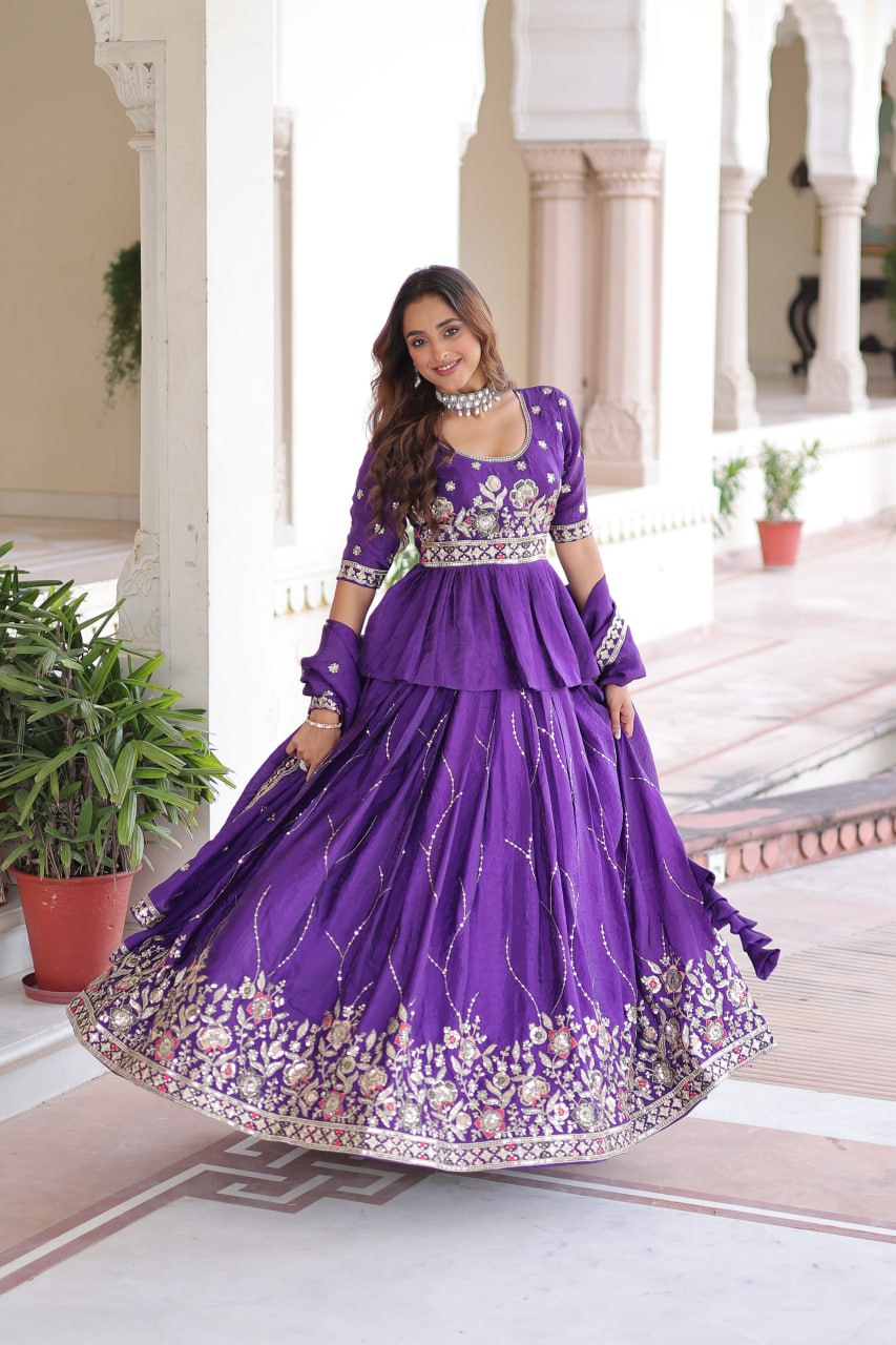 Purple Gold Crush Multi-Thread Embroidered Lehenga Choli Set with Sequins Work & Designer Dupatta – Fully Stitched ClothsVilla