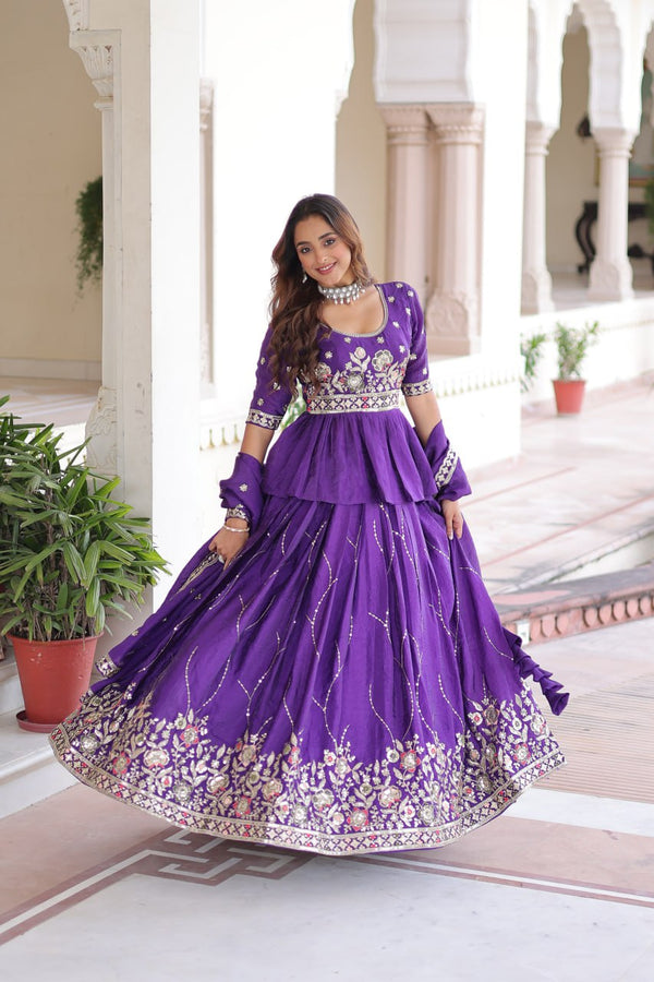 Purple Gold Crush Multi-Thread Embroidered Lehenga Choli Set with Sequins Work & Designer Dupatta – Fully Stitched ClothsVilla